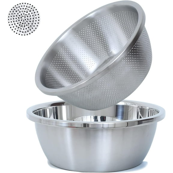 2-Piece 304 Stainless Steel Colander & Mixing Bowl Set - 1.5QT Micro-Perforated Strainer for Washing Veggies, Fruit, Rice & Draining Pasta, Durable Kitchen Tools