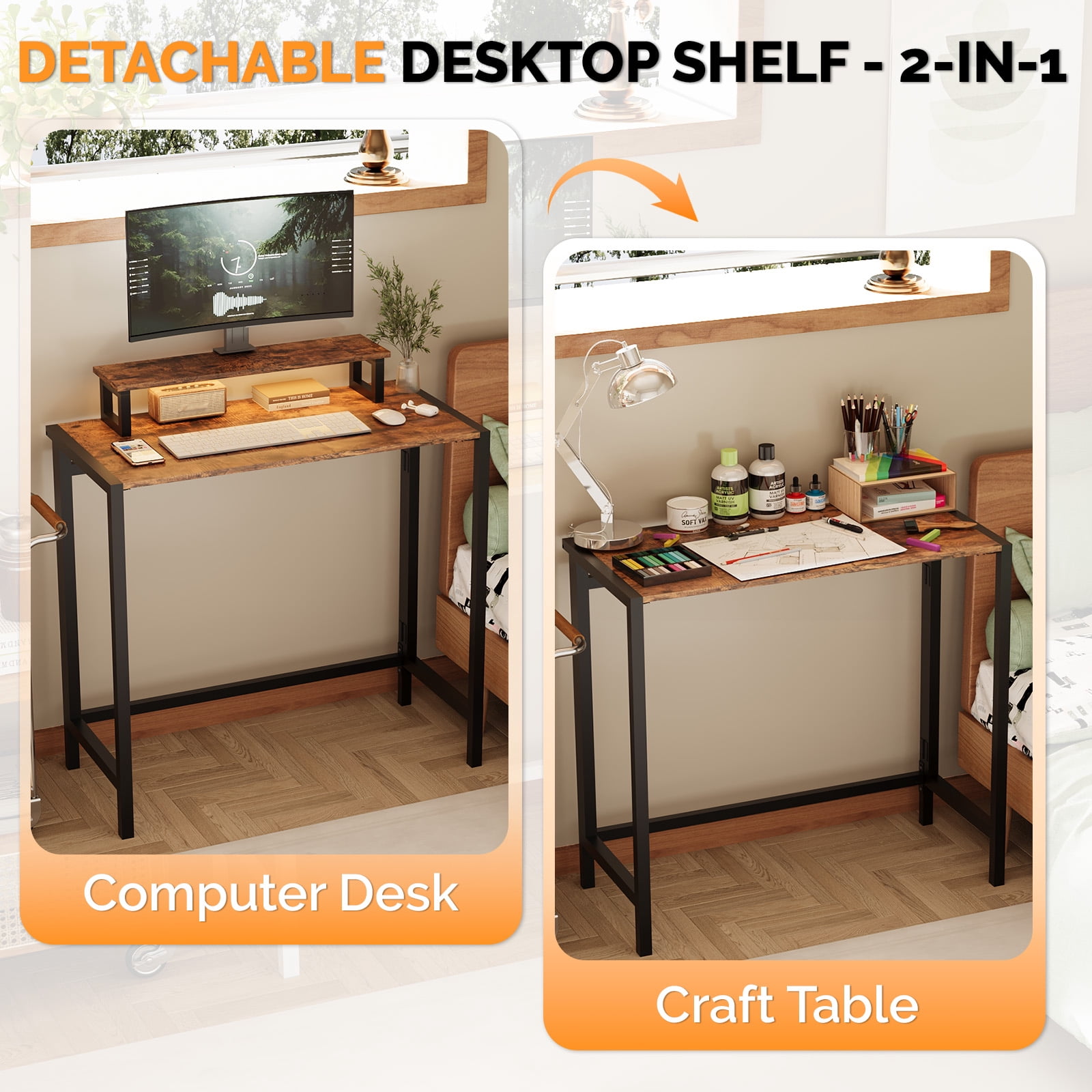 Astoutdoor Foldable Computer Desk with Shelf and Light, 31.5 in, Brown and Black
