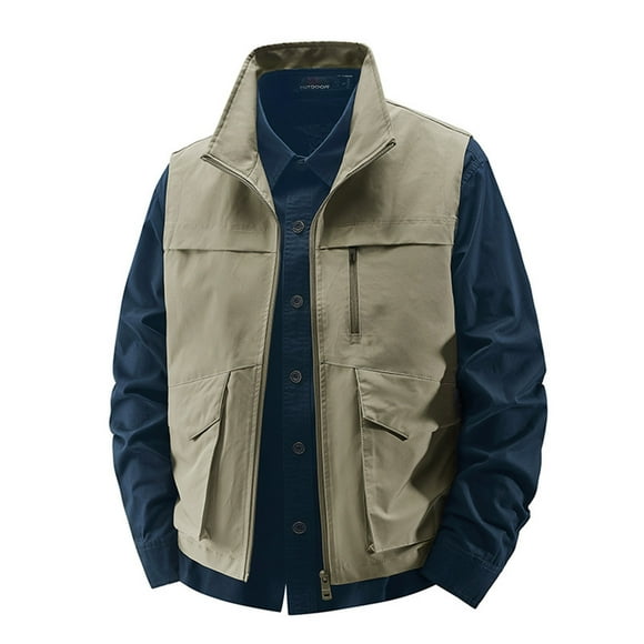 Fankiway Men's Casual Outwear Coat Men's Work Jacket Standing Collar Multiple Pockets Outdoor Photography and Sports Jacket Coat Khaki