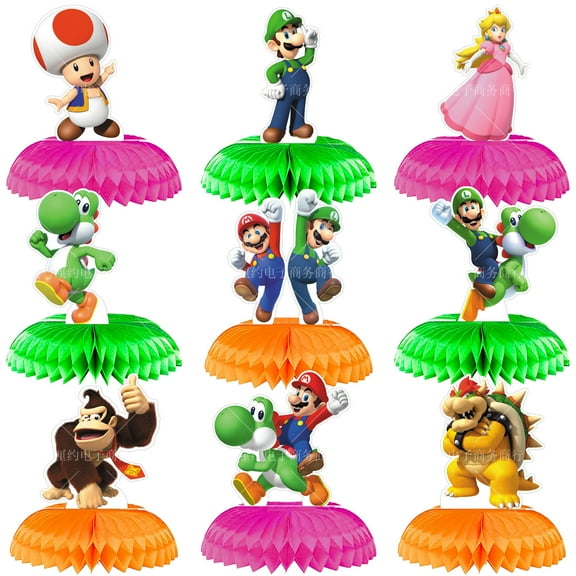 9PCS Mario birthday party supplies, honeycomb center decorations, party decorations, double-sided desktop decorations, center decorations for parties