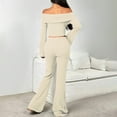 thumbnail image 4 of Kaemgyyd Women 2 Piece Set Spring Outfits Flare Long Sleeve off Shoulder Crop Top and Bell Bottoms Pants Set Rib Knit Lounge Sets, 4 of 6