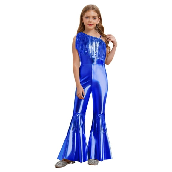 inlzdz Kids Girls Disco Outfit Off Shoulder Metallic Flare Jumpsuit Sequin Fringe Formal Dance Romper Royal Blue 10