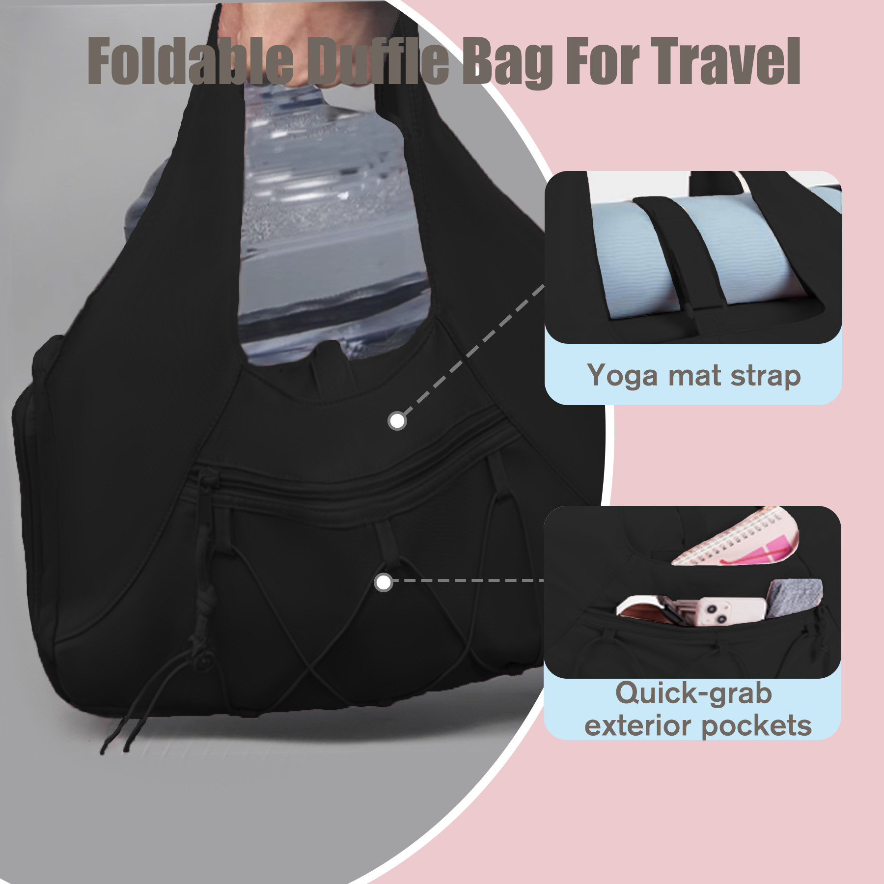 stillithou Waterproof Gym Bag Women Men, Foldable Sports Duffle Bag with Water Bottle Carrier Bag, Lightweight Travel Duffle Bag with Shoe Compartment for Gym, Yoga, Travel, Black