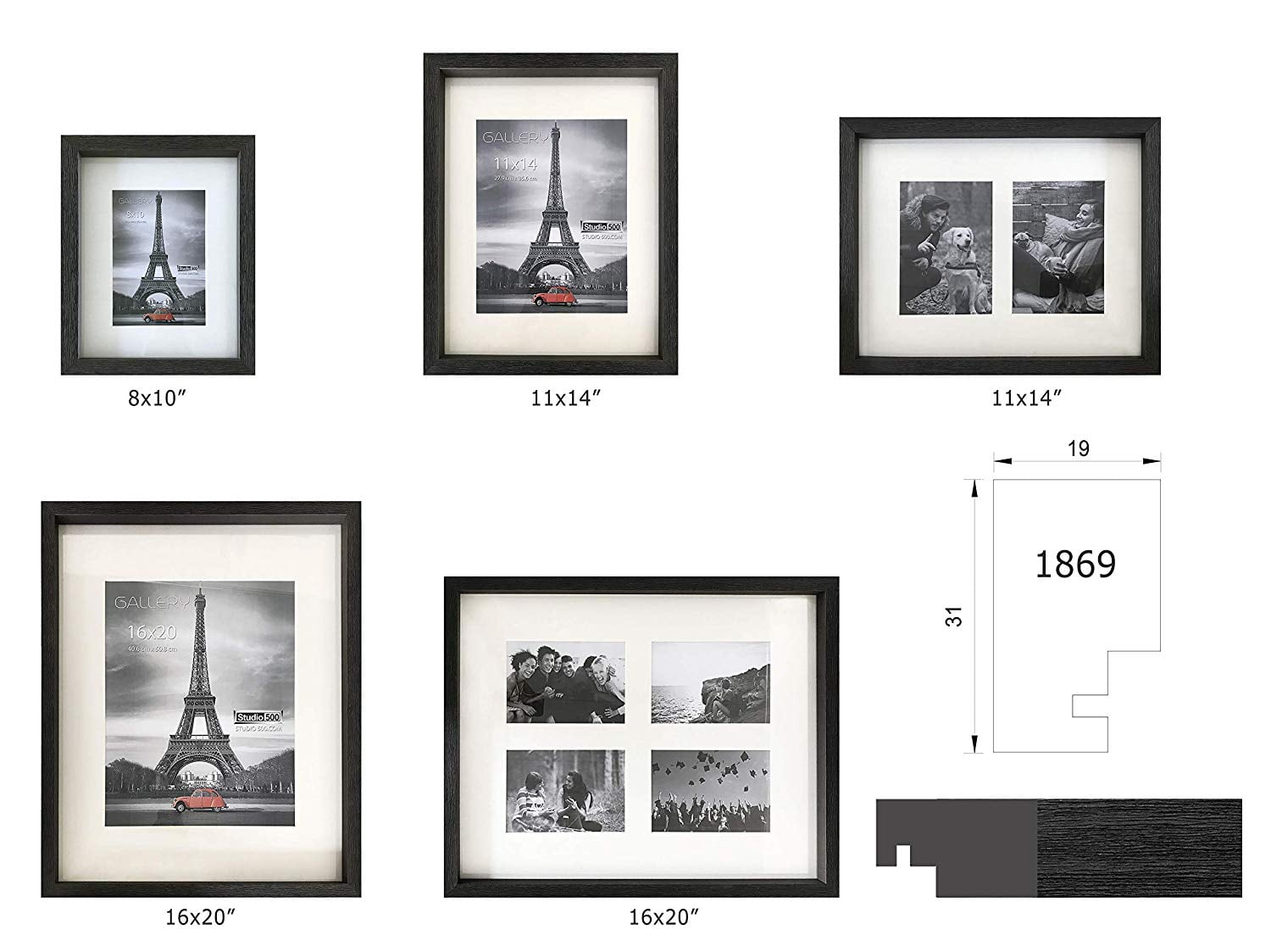 Studio 500 Modern Charcoal Collection 4-Opening 16x20" Matted to 11x14", 5x7" Charcoal Distressed Picture Frames, 2 Count
