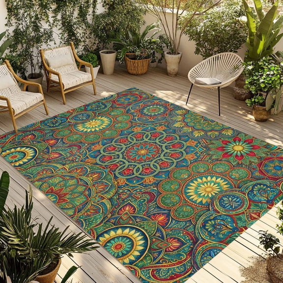 Boho Outdoor Rug for Patio/Deck/Porch, Non-Slip Large Area Rug 4 x 6 Ft, Ethnic Geometric Floral Vintage Green Yellow Red Indoor Outdoor Rugs Washable Area Rugs, Reversible Camping Rug Carpet Runner