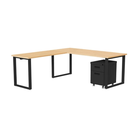 72” X 30” Desk with 48” X 24” Return and Mobile Pedestal, Kensington Maple Laminate / Black Finish