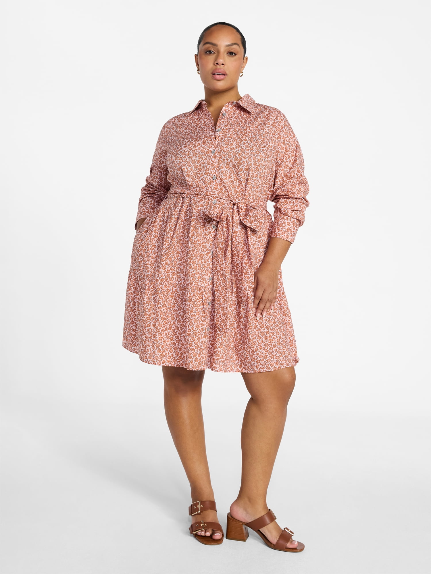 Terra & Sky Women's Plus Size Tiered Shirt Dress with Long Sleeves, Sizes 0X-5X