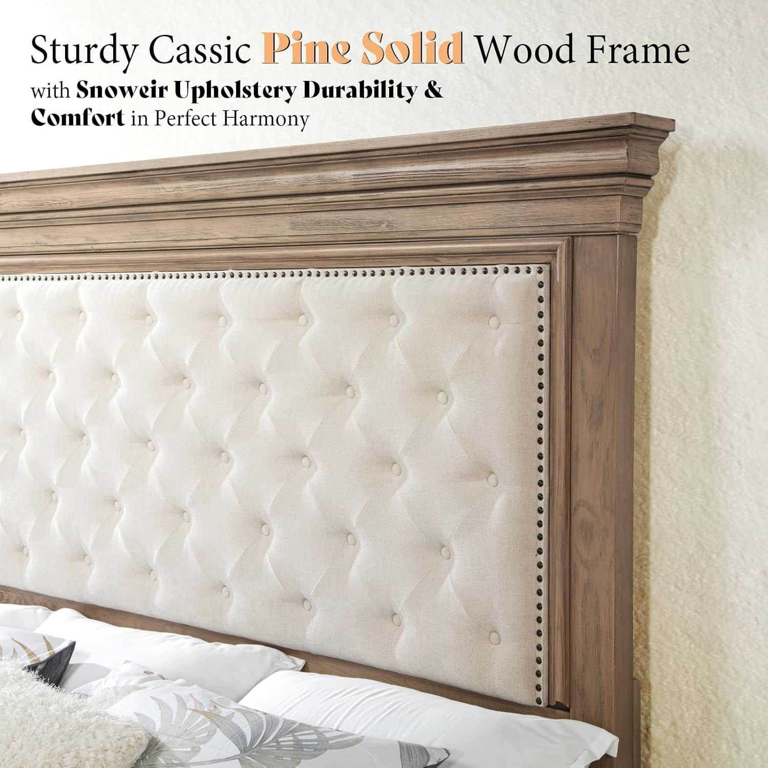 Merluxy 68.1" H King Size Bed Frame with Upholstered Headboard, Solid Wood Mid-Century Platform Bed, Architectural Design, Light Oak