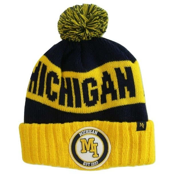 Michigan M Patch Ribbed Cuff Knit Winter Hat Pom Beanie (Gold/Navy ...