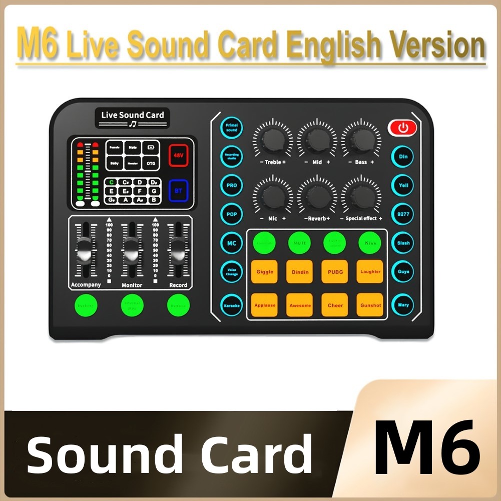 M6 RGB Sound Card USB Voice Changer Mic Mixer for Phone PC Live Broadcast Game