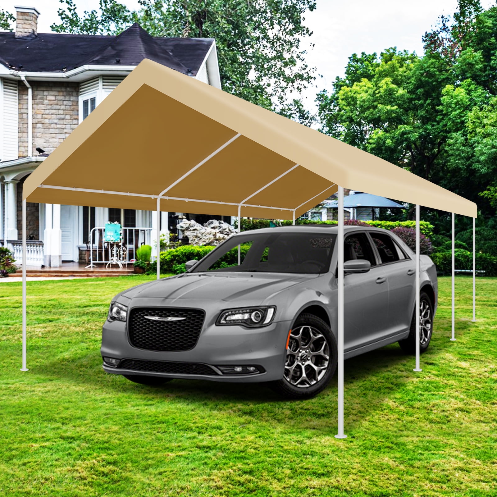 COBIZI 12x20ft Carport Heavy Duty, Portable Car Garage with Built-in Sandbags, Waterproof Car Canopy for Truck, Boat, SUV with All-season Tarp, Khaki