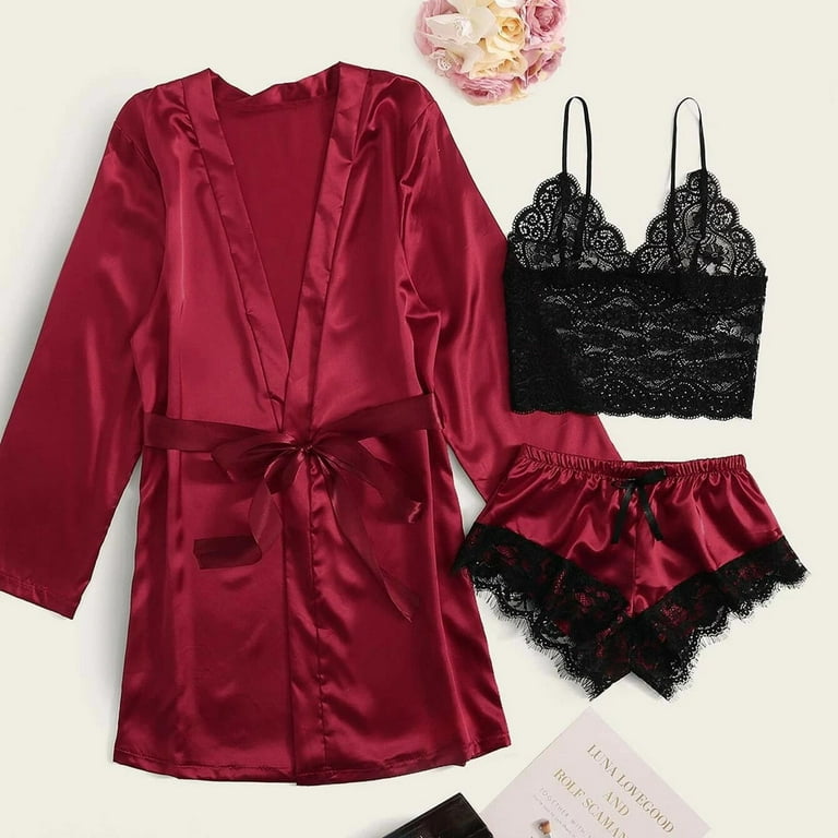 Lace Sexy Silk Satin Pajamas Set Floral Bathrobes Sleepwear