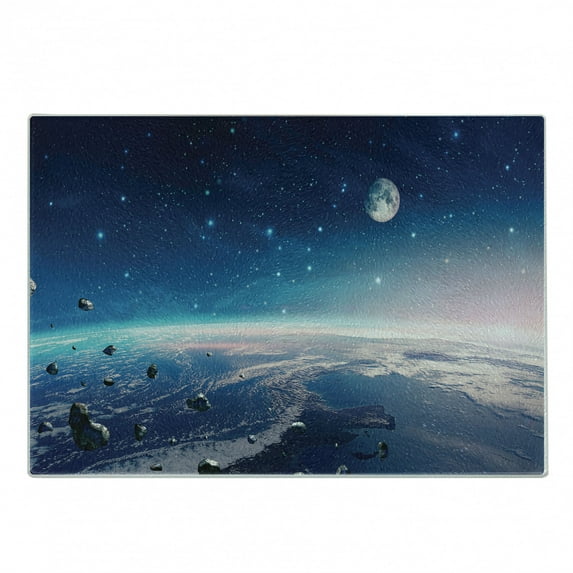 Universe Cutting Board, Horizontal Image of Nebula with Planet Earth Moon and Asteroids, Decorative Tempered Glass Cutting and Serving Board, in 3 Sizes, by Ambesonne