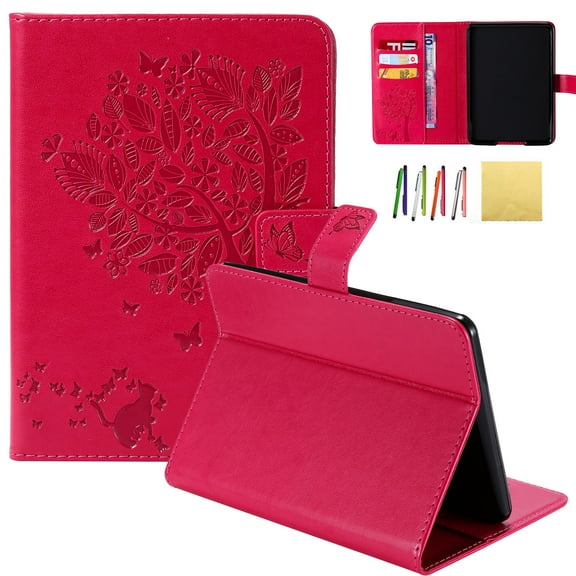 Kindle Paperwhite Case, Allytech Embossed Cat & Tree PU Leather Stand Folio Cover with Credit Card Slots for Amazon Kindle Paperwhite ( Fit All Paperwhite Generations Prior to 2018),, Red