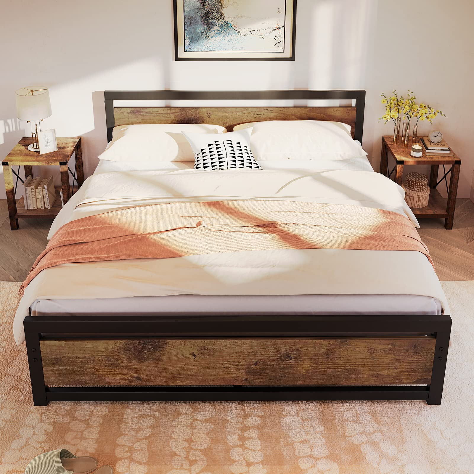 King Size Bed Frame with Wooden Headboard and Footboard, Metal King Bed Platform No Box Spring Needed, 14 inch Easy to Assemble Noise Free King Bed Frame, Rustic Brown