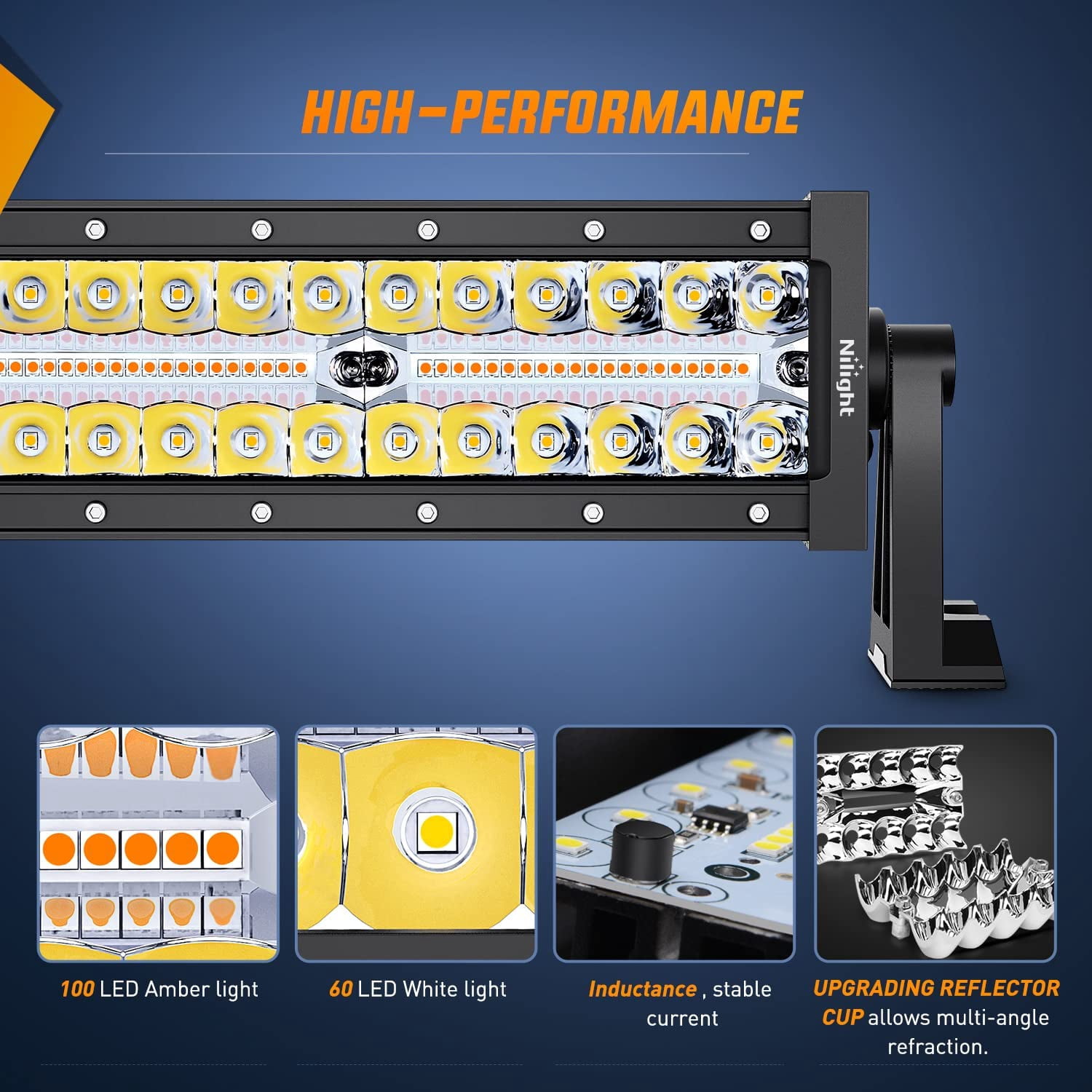 Nilight 22inch 480W Led Light Bar Spot Flood Amber White Strobe 6 Modes Memory Function Reset Function Off-Road Truck Car ATV SUV Cabin Boat with 16AWG Wiring Harness Kit-1 Lead