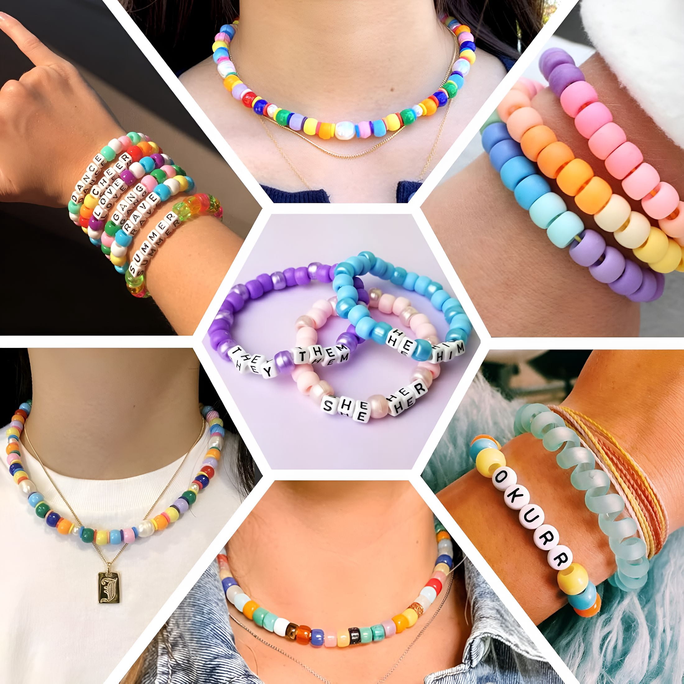 TUWAFE 3960pcs Pony Beads for Friendship Bracelet Making Kit 48 Colors Kandi Beads Set, 2400pcs Plastic Rainbow Bulk and 1560pcs Letter Beads with 20 Meter Elastic Threads