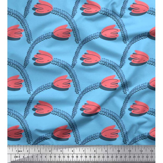 Soimoi polyester Crepe Fabric Leaves & Tulip Floral Decor Fabric Printed Yard 42 Inch Wide