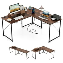 Gymax L-Shaped Reversible Computer Desk 2-Person Long Table w/Monitor Stand Rustic Brown