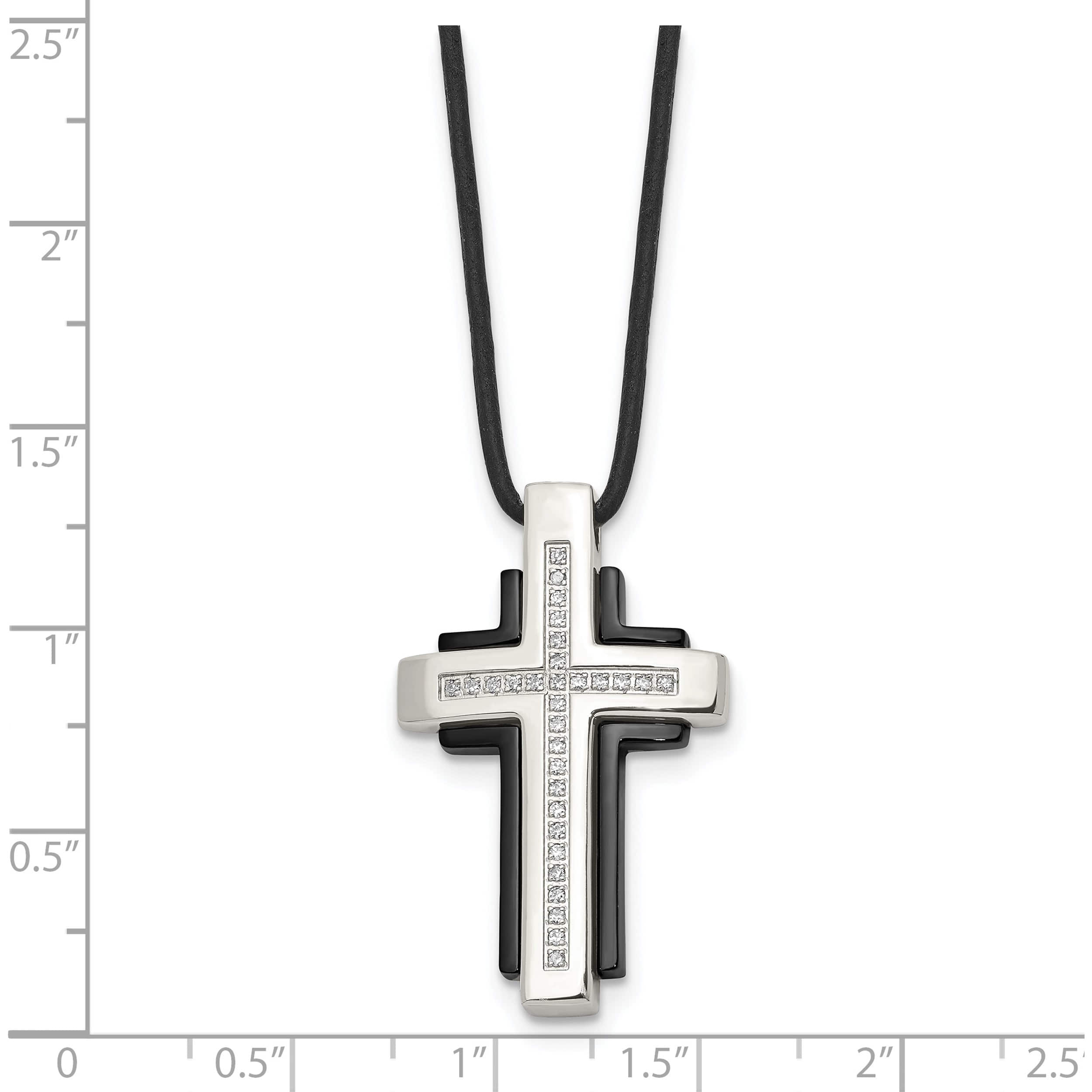 Stainless Steel Polished Black Ip With Cz Cross Leather Cord Necklace (18 X 22) Made In China srn860-18