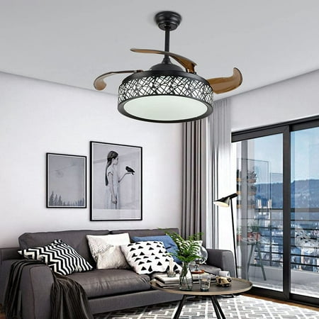 

WUZSTAR 42 Inch Invisible Ceiling Fan with Lights 4 Retractable Blades 3 Color Fan Chandelier with Remote Control