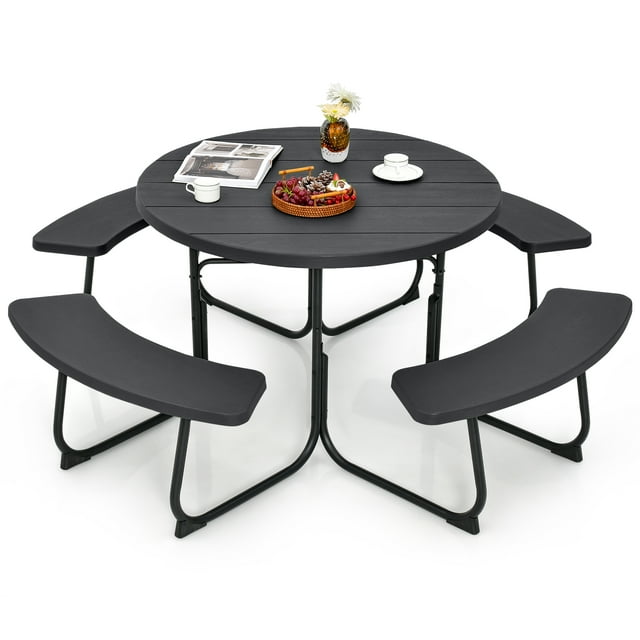 Costway Ensemble de Table de Pique-Nique Ronde d'Extérieur pour 8 Personnes avec 4 Bancs et Trou pour Parasol Noir