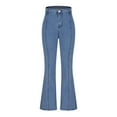 thumbnail image 6 of Women's Star Patchwork Bell Bottom Jeans Mid High Waist Bootcut Flare Stretch Denim Pants Casual Slim Fit Frayed Hem Blue, 6 of 7