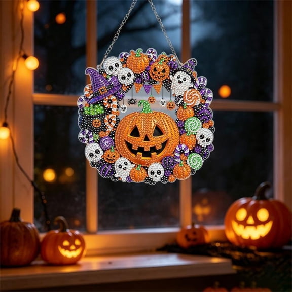 Halloween Pearl Diamond Art Kit, 2D Acrylic Pumpkin Hanging Ornament, Rhinestone DIY Craft Decoration for Home Decor and Party Display