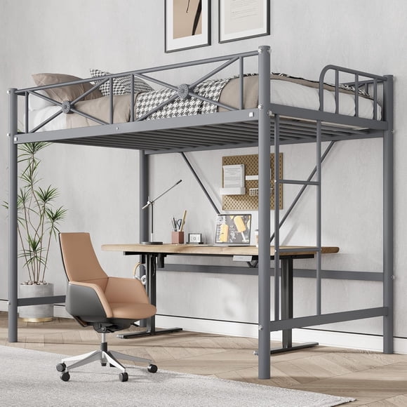 IdealHouse Lit Mezzanine en Métal Format Simple, Lits Mezzanines Modernes Robustes avec Garde-Corps de Sécurité et Conception Gain de Place, Lits Mezzanines Simples en Acier pour l'École, la Chambre, Gris