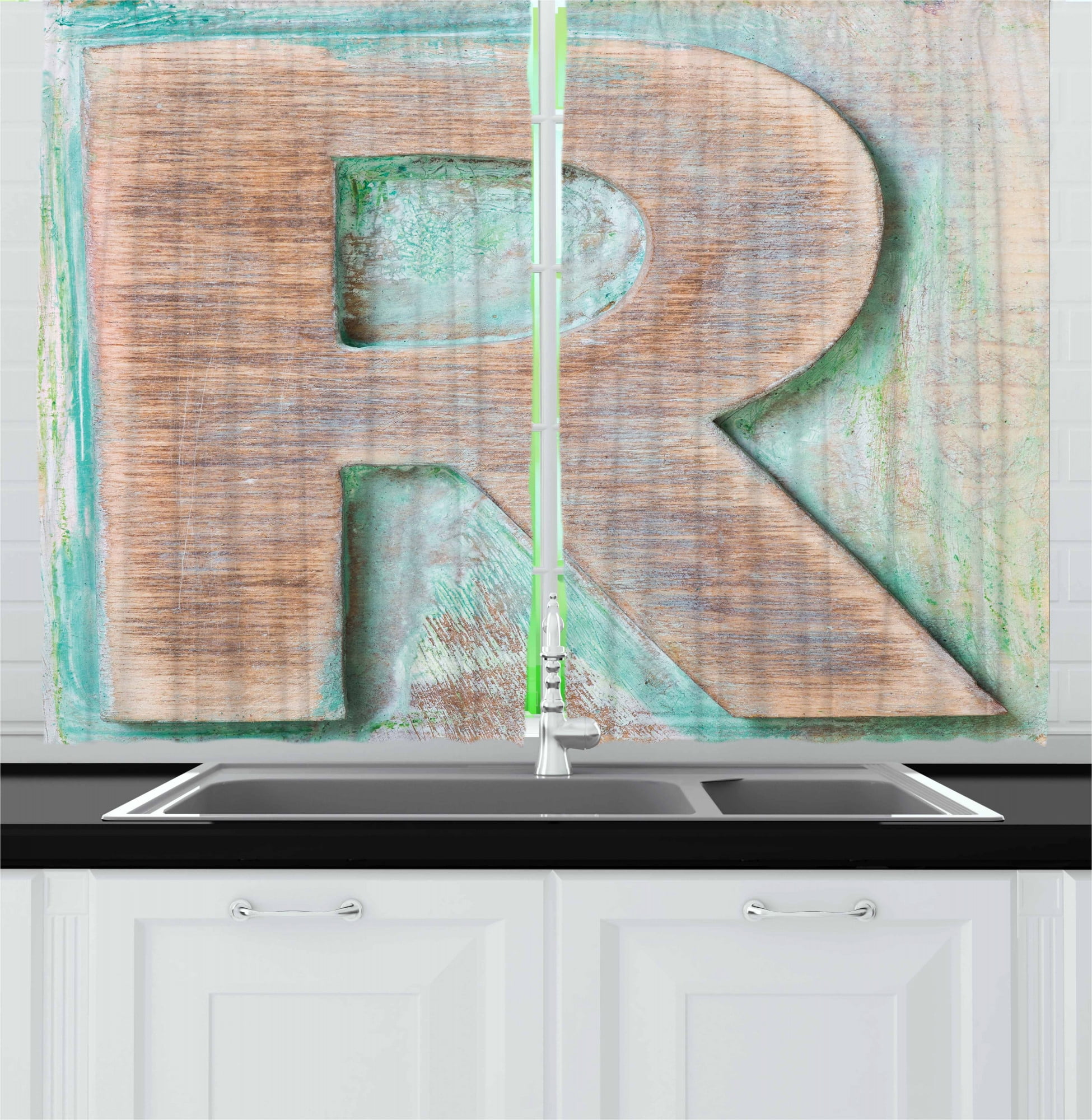 Letter R Kitchen Curtains, Wooden Alphabet Block Antique Letterpress Theme Grunge Display Print, Two Panels Drapes with Rod Pocket Room Decor, 55