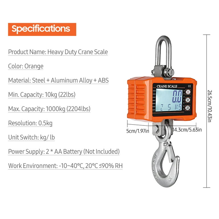 Hanging Scale, Dcenta Digital Crane Scale 1000kg/ 2204lbs, Industrial Crane  Scale LCD Backlight with Unit Change/Data Hold/Tare for Construction Site