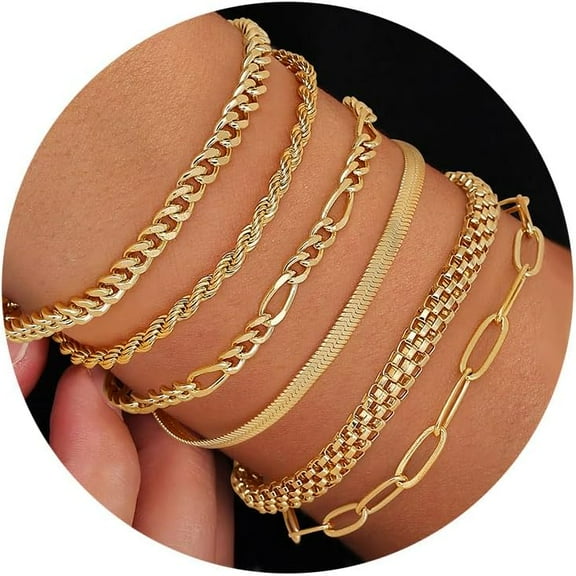 Gold Bracelets for Women Non Tarnish, Dainty 14K Gold Plated Stackable Bracelets Waterproof, Silver Cuban Link Beaded Paperclip Figaro Rope Chain Bracelet Stack Set Adjustable