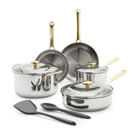 GreenPan Balance 10-Piece Stainless Steel Cookware Set – Toxin-Free, Dishwasher & Oven Safe, Champagne Handles