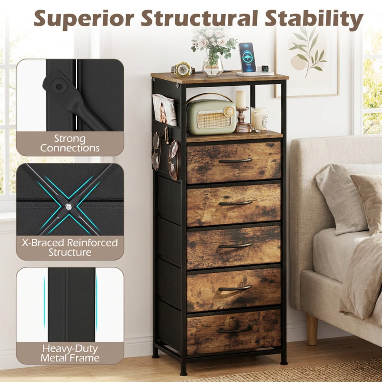 Furnibear 39 Inch Tall Nightstand with Integrated Charging Station and 5 Fabric Drawers