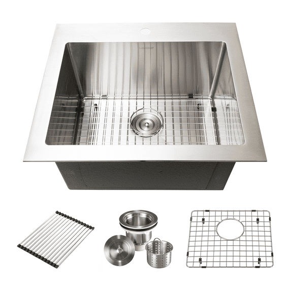 KBFmore 25 inch Single Bowl Under Mount Top Mount Laundry Utility Sink 4 Pieces Sink Accessories