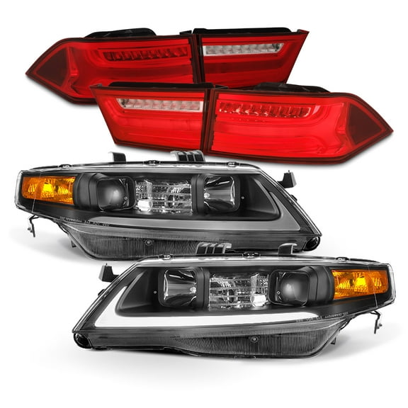 AKKON - Fits 2004-2008 Acura TSX Light Bar DRL Projector Black Housing Headlights   LED Red Tail Lamps Combo