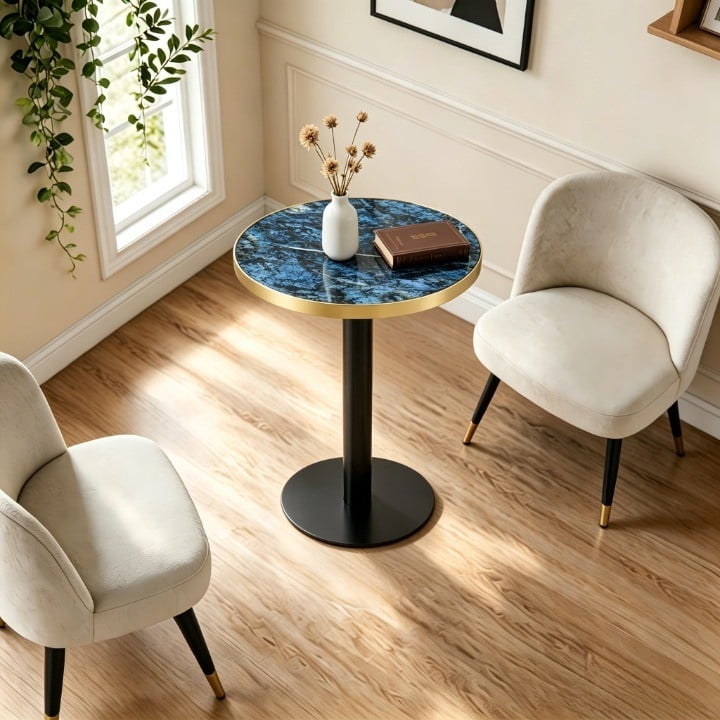 23.6" Round Light Luxury Coffee Table, UV Paint MDF Marble Texture Countertop with Stainless Steel Edging, Sturdy Metal Leg Side Table for Living Room Bedroom Entryway Office