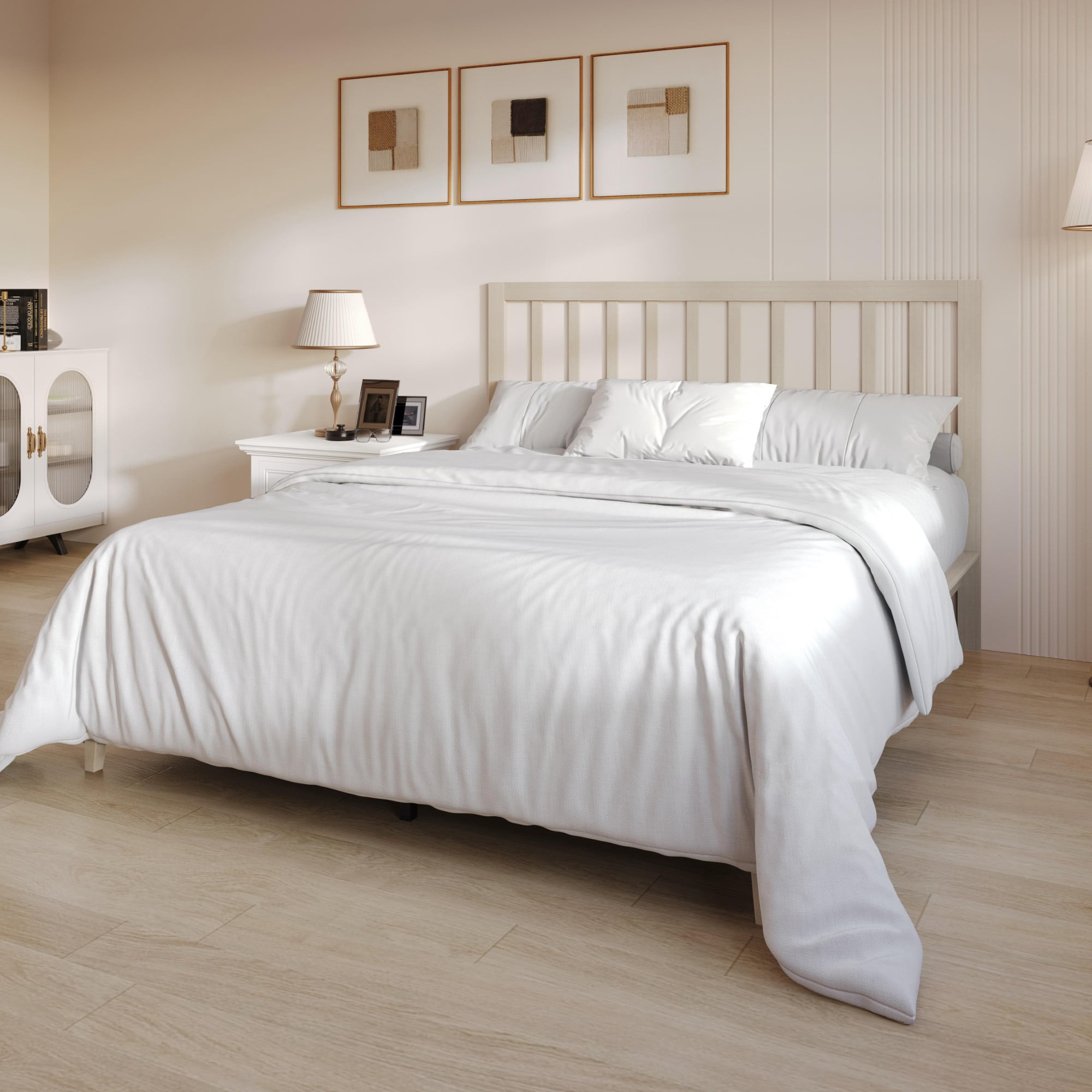 Home Design Lancaster Full Platform Bed Frame with Slatted Headboard, No box spring required, Antique White, Easy Assembly