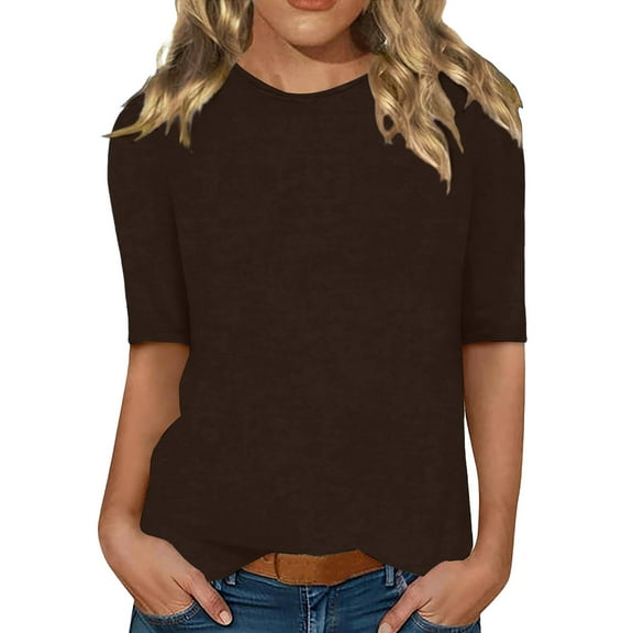 Yigetop Womens 3/4 Sleeve Tops! Women's Half Sleeve T Shirt Crew Neck Summer T Shirt Lightweight Plain Top Basic Tops 3/4 Sleeve T Shirts for Women Brown L