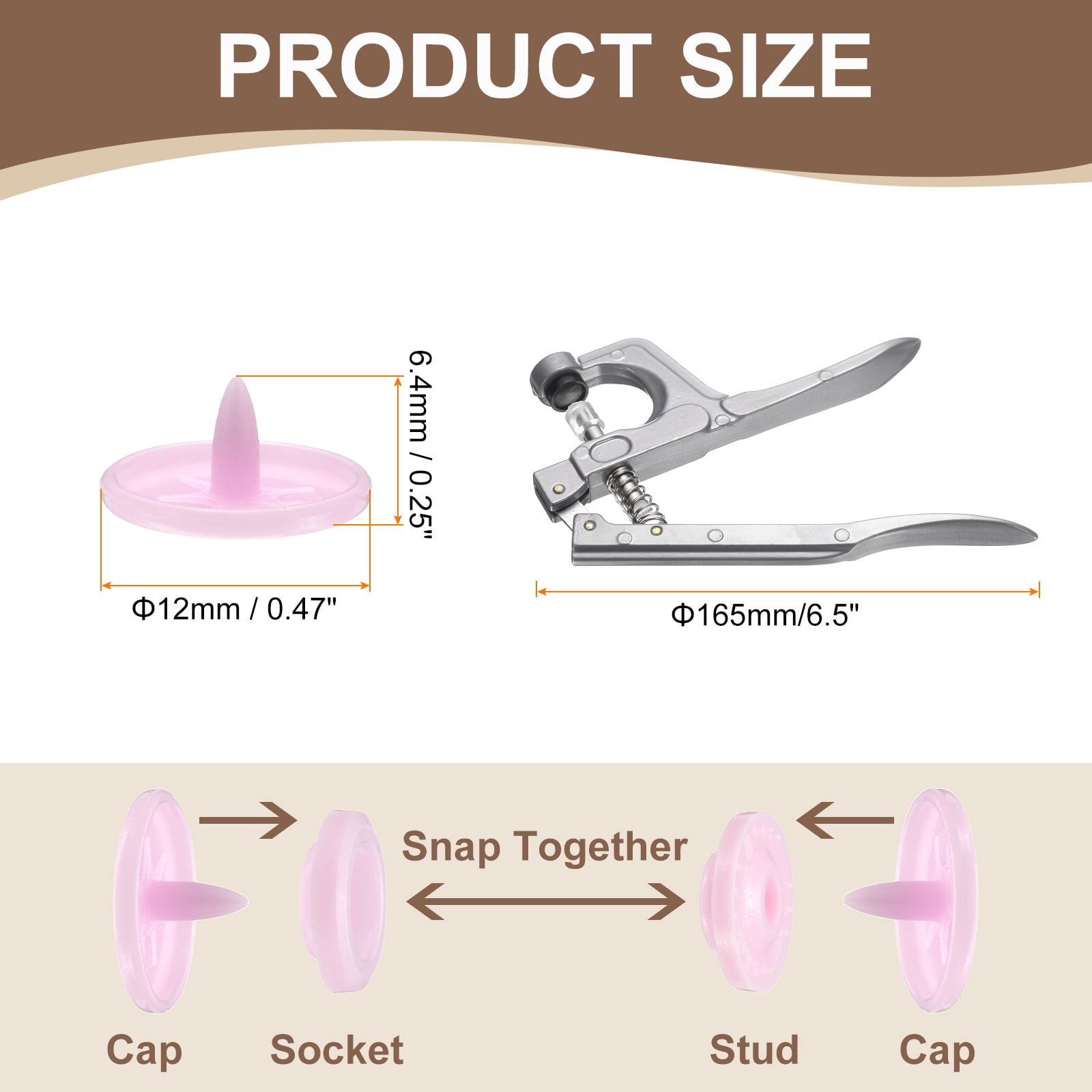 Uxcell Plastic Snaps Fasteners with Snap Pliers, 150 Set T5 Round Resin No-Sew Button Snap Fasteners Kit Pink