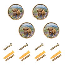 Yayeee 4 Pack Cabinet Knobs with Screws Round Zinc Drawer Pulls for Kitchen, Wildflowers Highland Cattle
