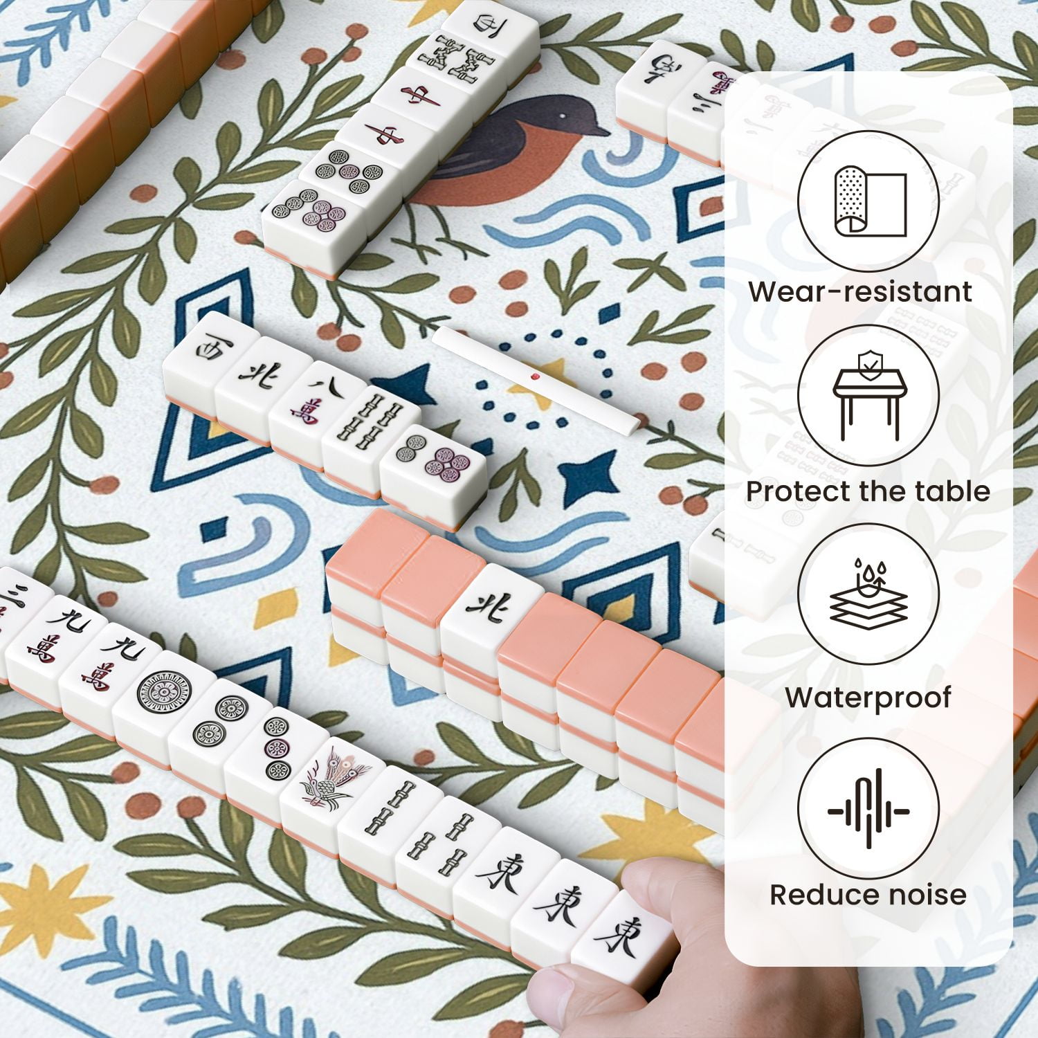 Mahjong Mat 31.5" x 31.5" Floral Bird Geometric Accents Earthy Tones Anti-Slip and Noise Reduction Symmetry Design Mahjong Tiles Table Cover for Dominoes Poker Card Board and Tile Games
