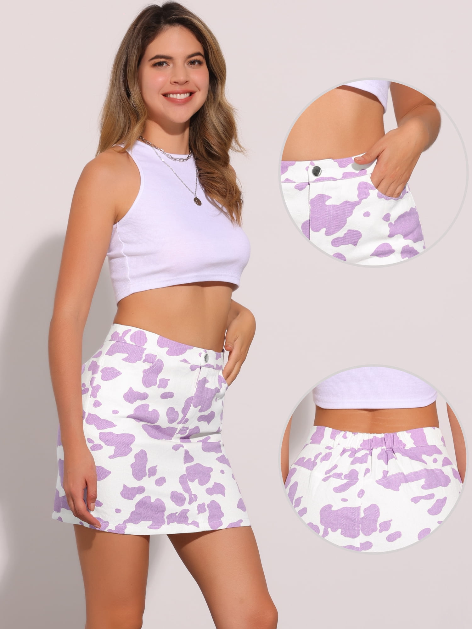 DARING DIVA Women's Casual High Waist Mini Cow Print Skirt L Purple