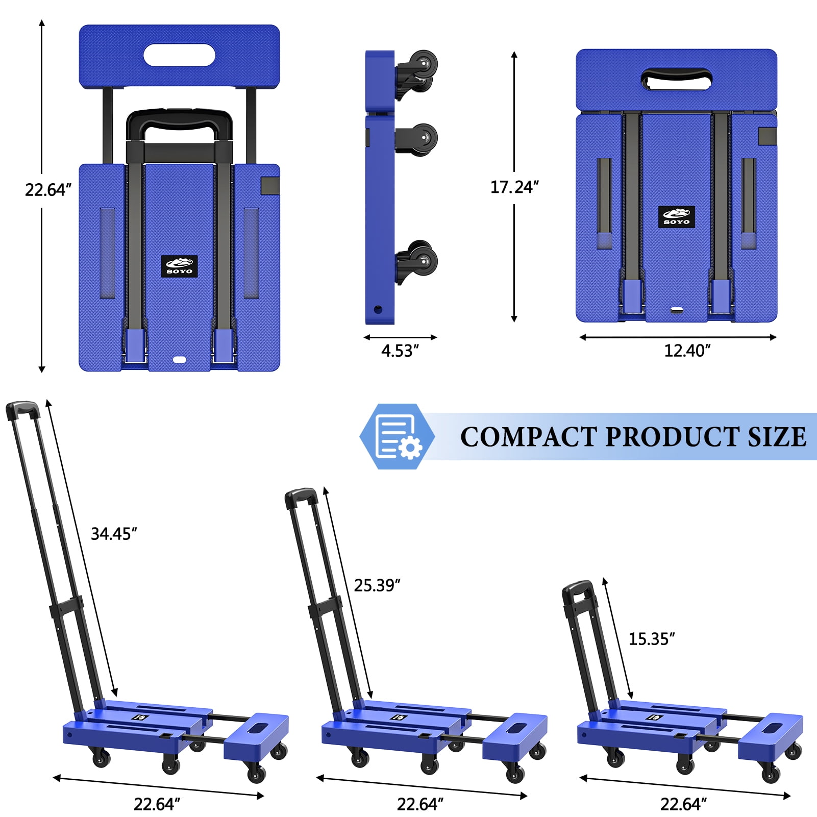 500lbs Folding Hand Truck, Heavy Duty Dolly, Portable 6 Wheels Collapsible Luggage Cart with 2 Elastic Ropes for Moving, Travel, Shopping, House Office Use, Blue