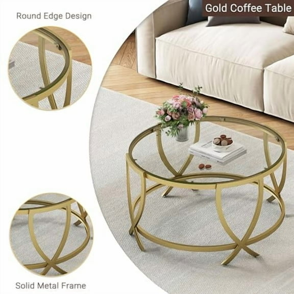 ASYA Round Coffee Table for Living Room, Gold Coffee Table with Tempered Glass & Metal Frame, Modern Glass Living Table for Home&Office