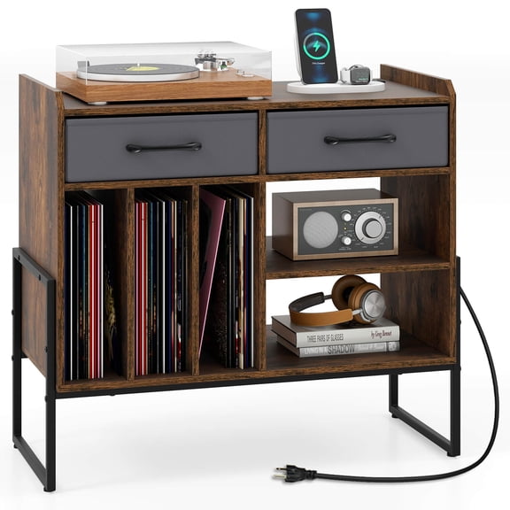 Costway Large Record Player Stand with Charging Station, 2 Fabric Drawers, Adjustable Shelf Rustic Brown & Gray