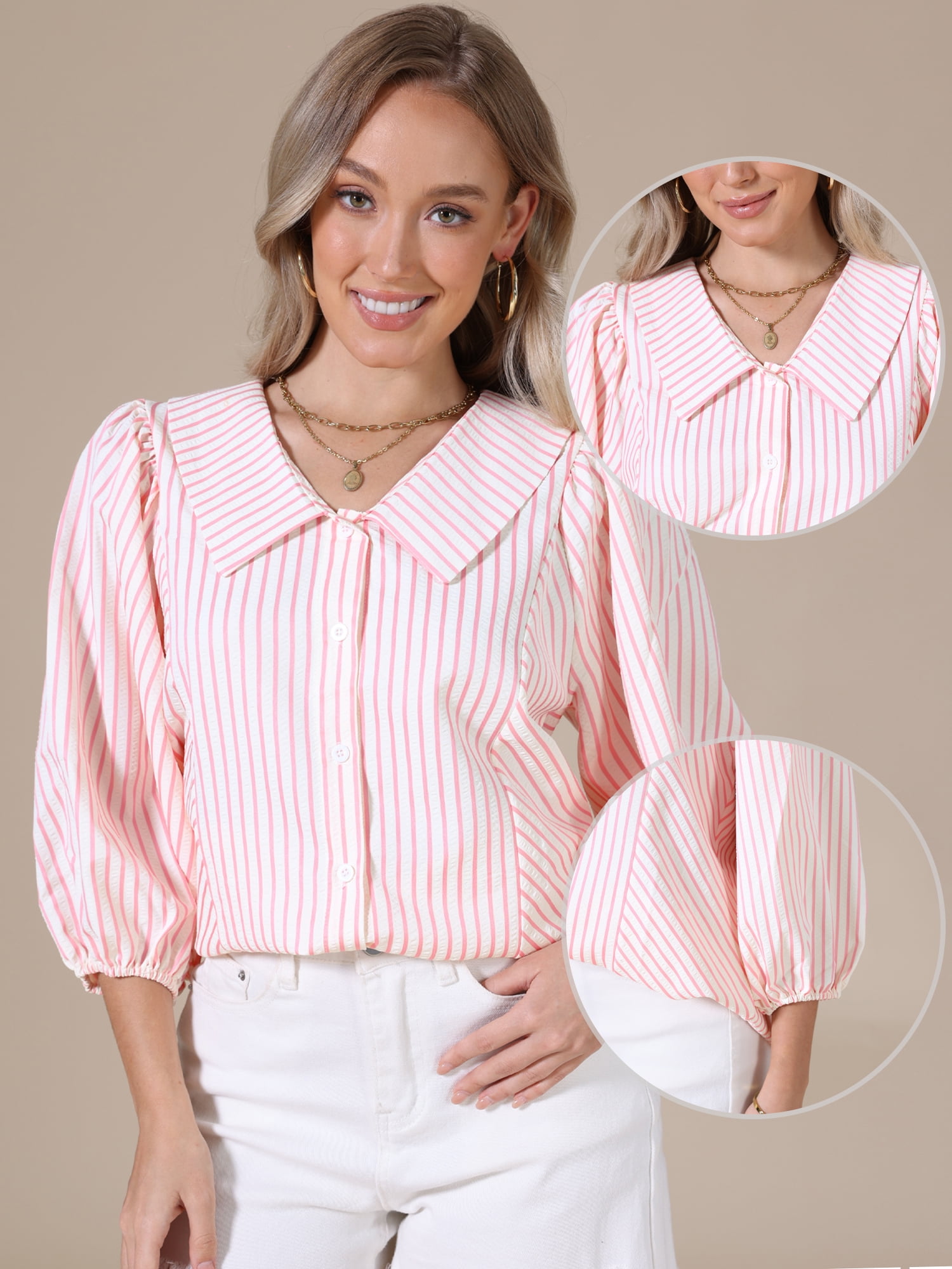 DARING DIVA Women's Button Down Striped Dressy Blouse Ruffled Sleeve XL Pink