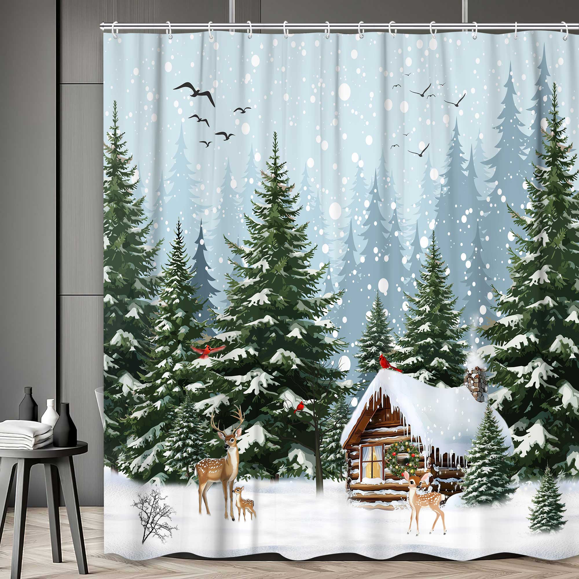 Winter Snowy Forest Shower Curtain 70X70 inch Pine Tree Cardinal Deer Snowflake Shower Curatin Xmas Snowy Scenery Christmas Holiday Bathroom Bath Rustic Farmhouse Decor Polyester Fabric with Hooks