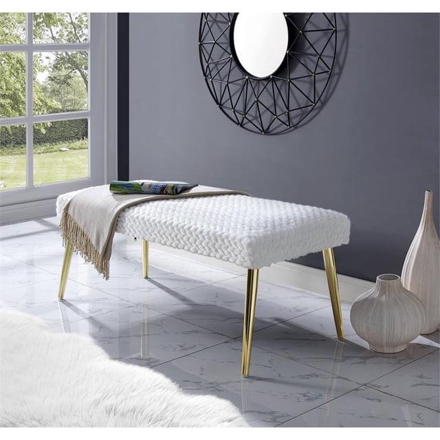 Nathaniel White Faux Fur Bench - Upholstered - Gold Metal Legs