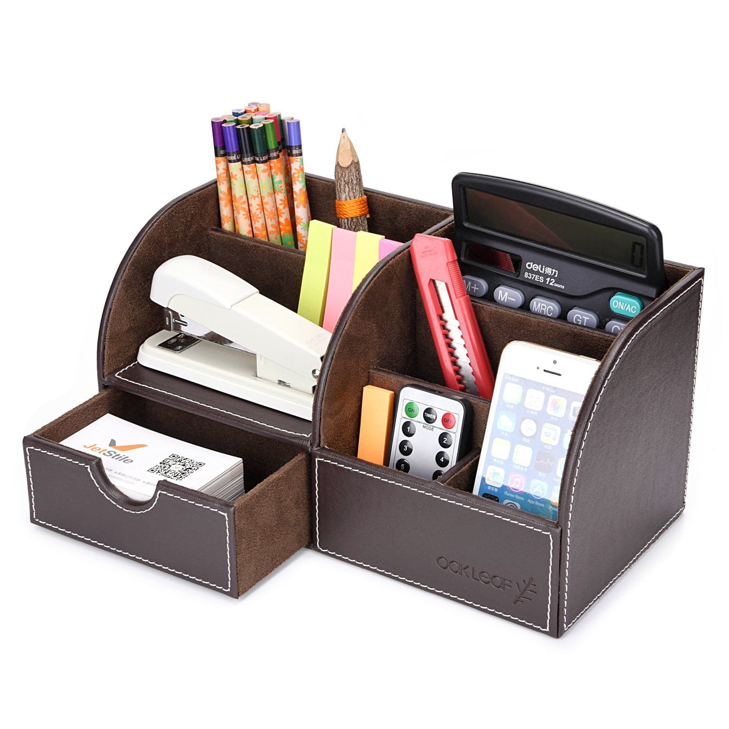 Oak Leaf 6 Compartment Leather Desk Organizer Office School Supply Desktop Storage Box With Drawer